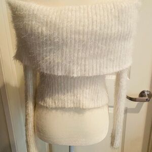White fuzzy off shoulder sweater